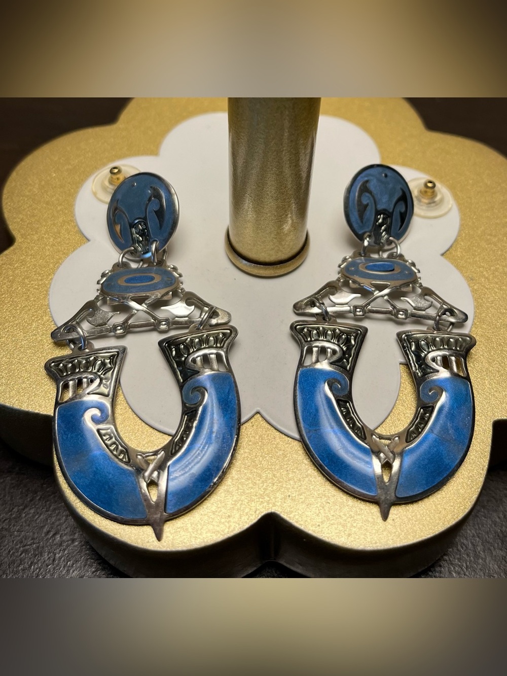 Edgar Berebi Silver-Tone Blue Enamel pierced Drop Earrings vintage